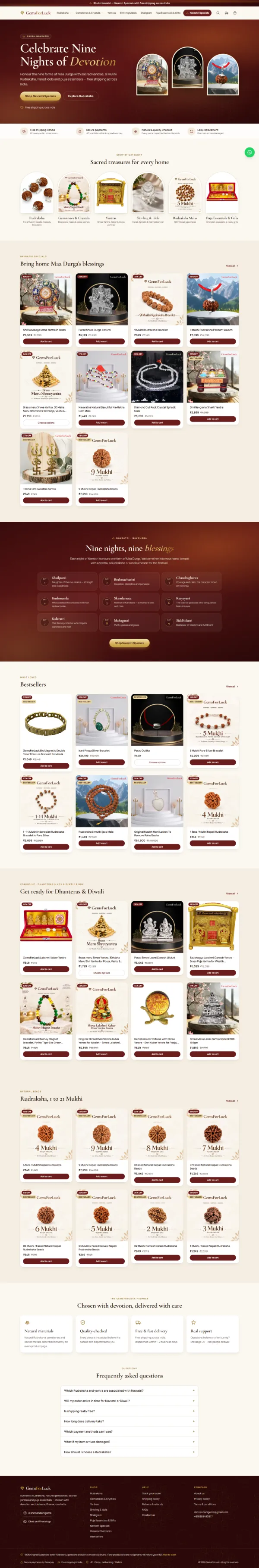Gems for Luck ecommerce website, full homepage
